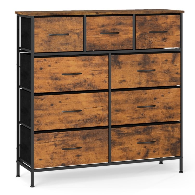 9-drawer fabric dresser with rustic brown finish and wooden top, perfect for bedroom or living room storage.