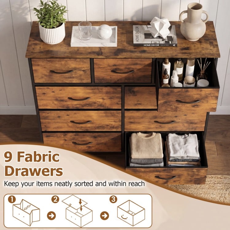 9-drawer fabric dresser in rustic brown with wooden top, ideal for bedroom storage and organization.