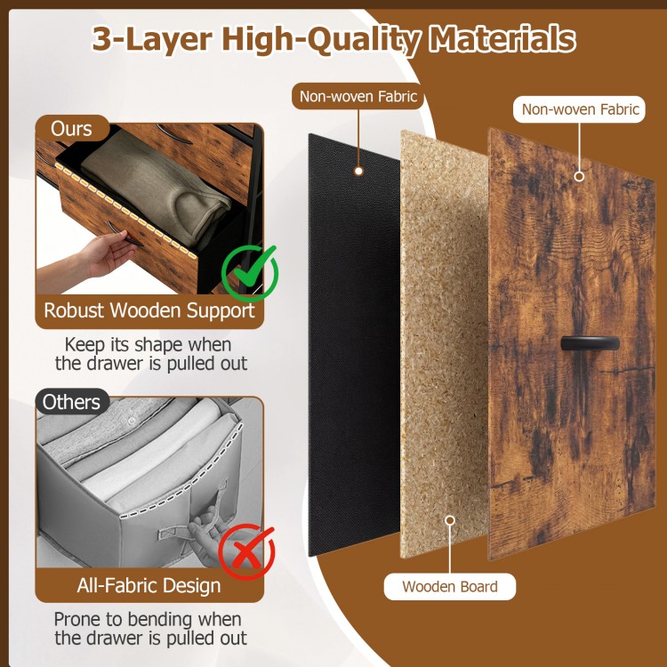 9-drawer fabric dresser in rustic brown with wooden top, featuring sturdy support and anti-falling stoppers for safety.