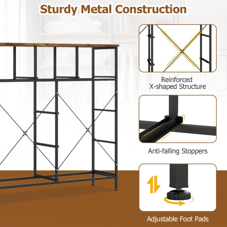 9-drawer fabric dresser with rustic brown wooden top, sturdy metal frame, and adjustable foot pads for stability.