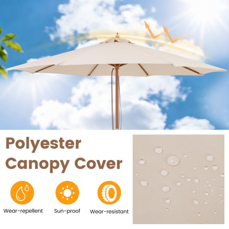 9 FT beige patio umbrella with sturdy bamboo ribs, sun-proof fabric, and air vent for poolside relaxation.