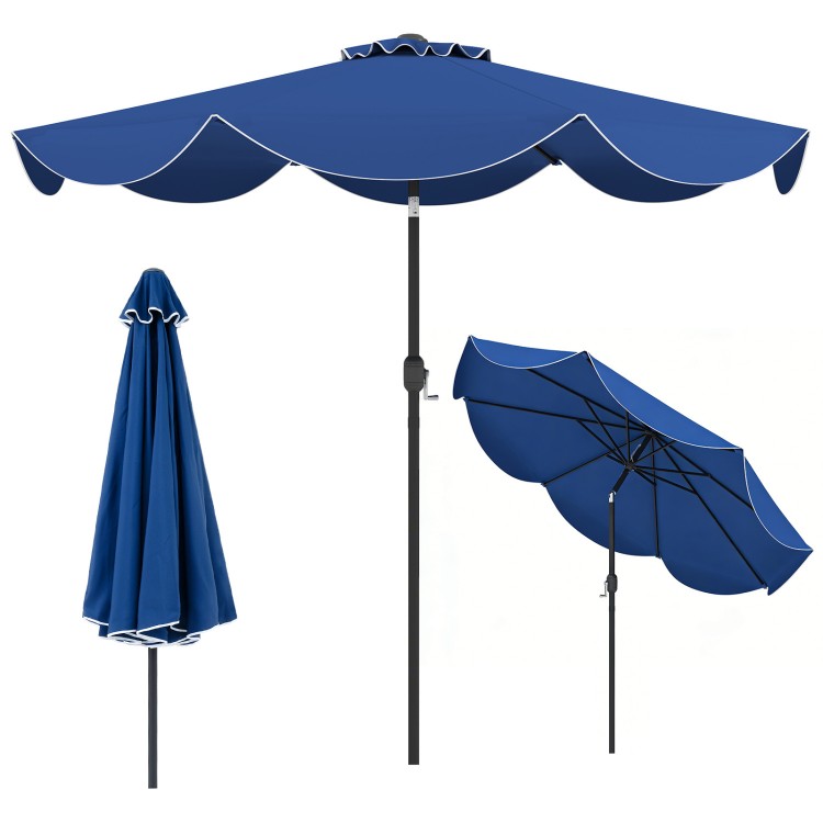Navy 9 FT patio umbrella with crank handle, push button tilt, and elegant ruffled edges for outdoor sun protection.