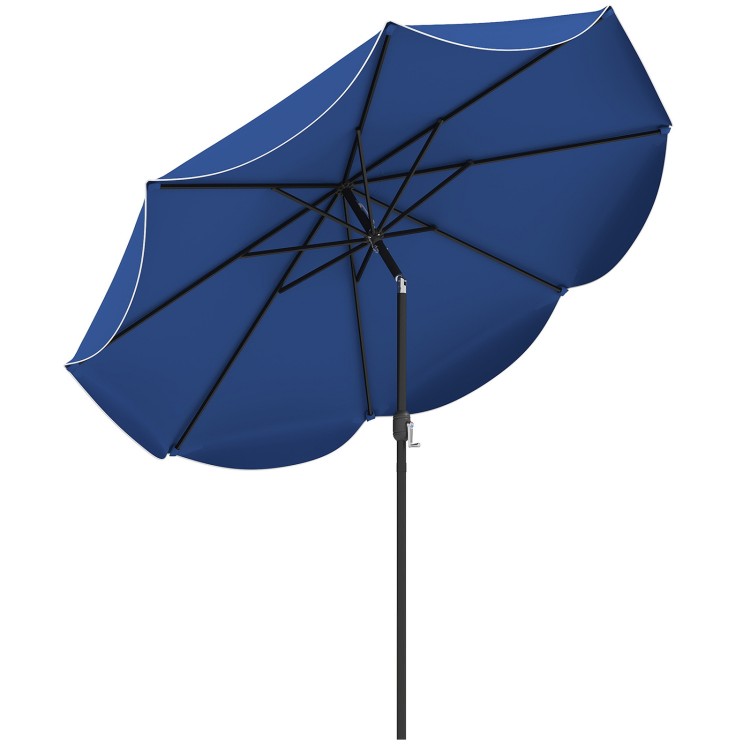 Navy 9 FT patio umbrella with crank handle and push button tilt, featuring a vented top for stability and easy assembly.