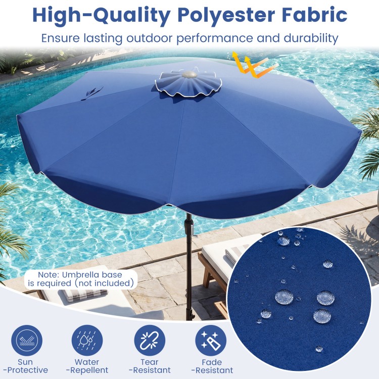 Navy 9 FT patio umbrella with crank handle, featuring tear-resistant polyester fabric and tilt adjustment for sun.