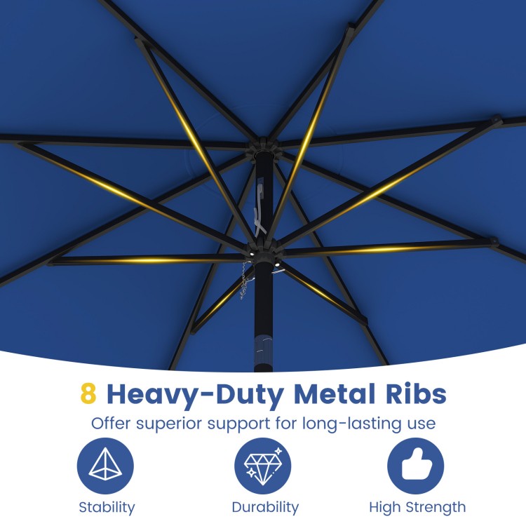 Heavy-duty metal ribs of the 9 FT navy patio umbrella provide stability and durability for long-lasting outdoor use.