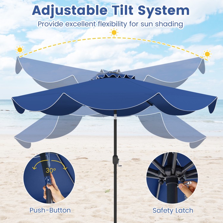 Navy 9 FT patio umbrella with crank handle and push button tilt, featuring a vented top for stability and sun shading.