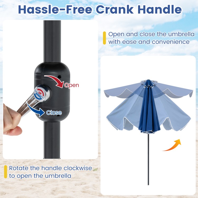Navy 9 FT patio umbrella with crank handle and push button tilt, featuring a vented top for stability and easy.
