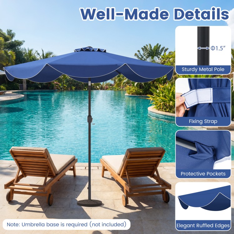 Navy 9 FT patio umbrella with crank handle and push button tilt, featuring elegant ruffled edges for outdoor use.
