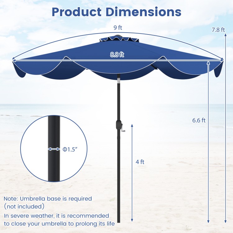 Navy 9 FT patio umbrella with crank handle and push button tilt, featuring ruffled edges for elegance and stability.