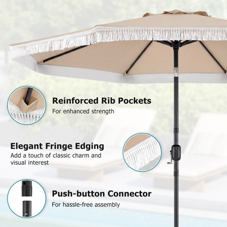 9 FT patio umbrella with beige sun-protective canopy, featuring elegant fringe edging and reinforced rib pockets for.