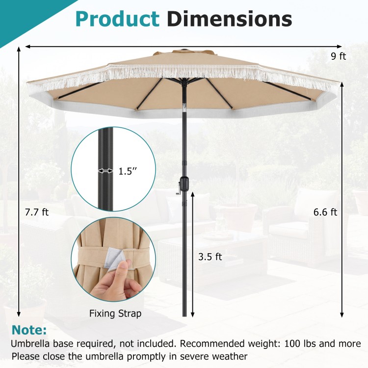 9 FT patio umbrella with beige polyester canopy, adjustable tilt, and elegant ruffled edges for garden or poolside.