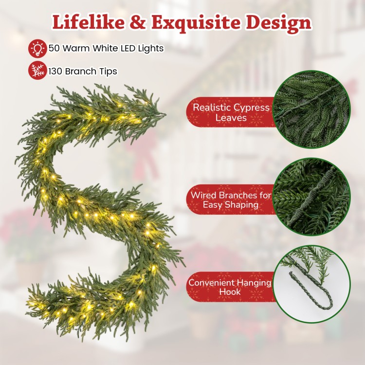 9 FT pre-lit artificial cypress Christmas garland with 50 warm white LED lights and 130 realistic branch tips for.