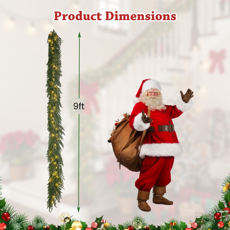 9 FT pre-lit artificial cypress Christmas garland with 50 warm white LED lights, perfect for festive decoration.