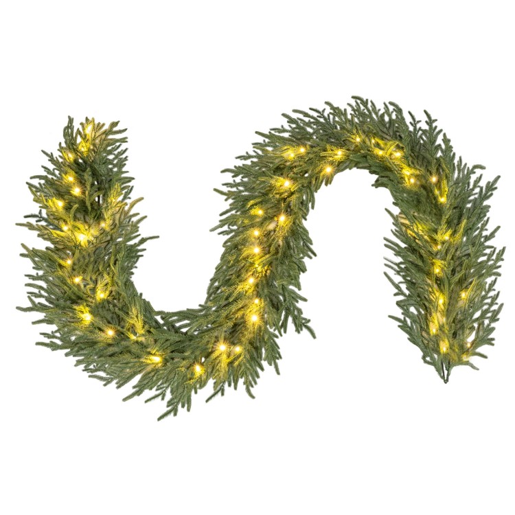 9 FT pre-lit artificial cypress Christmas garland with 50 warm white LED lights, perfect for decorating mantels or.