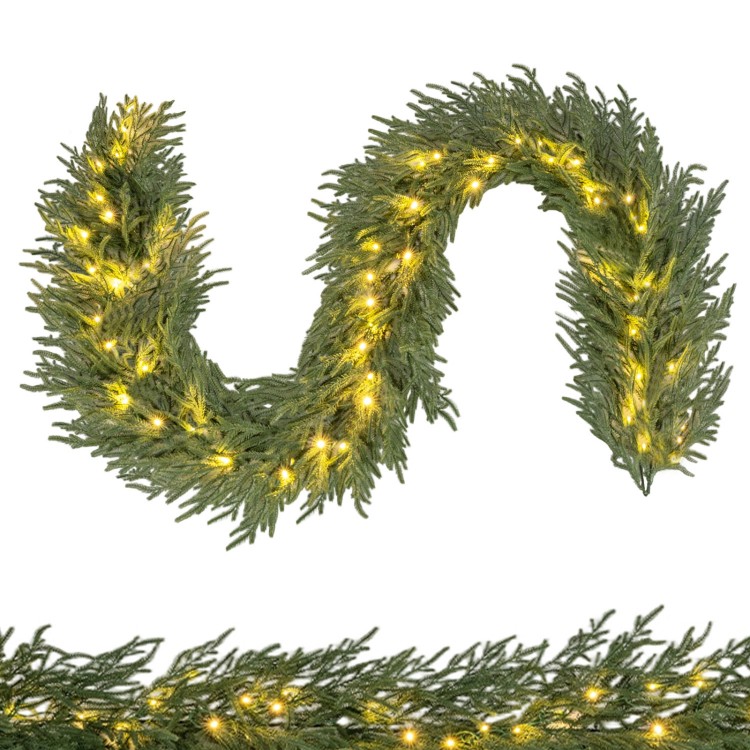 9 FT pre-lit artificial cypress Christmas garland featuring 50 warm white LED lights, ideal for flexible decorating.