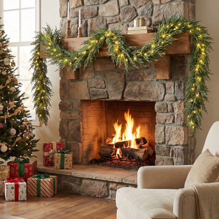 9 FT pre-lit artificial cypress Christmas garland with 50 warm white LED lights, beautifully draped over a stone.