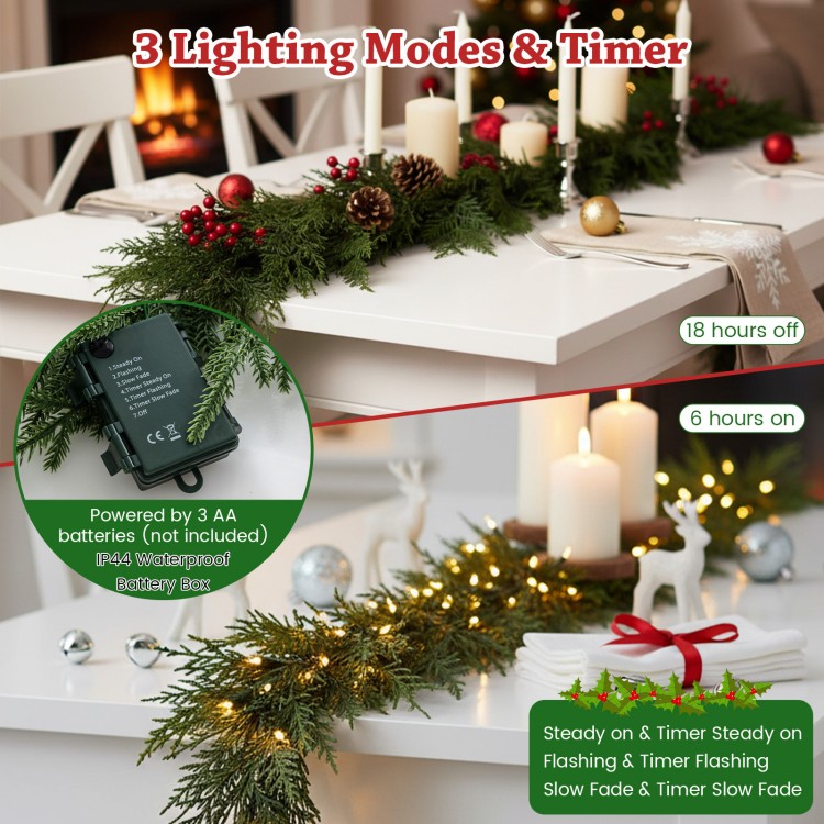 9 FT pre-lit artificial cypress Christmas garland with 50 warm white LED lights, perfect for mantel or staircase.