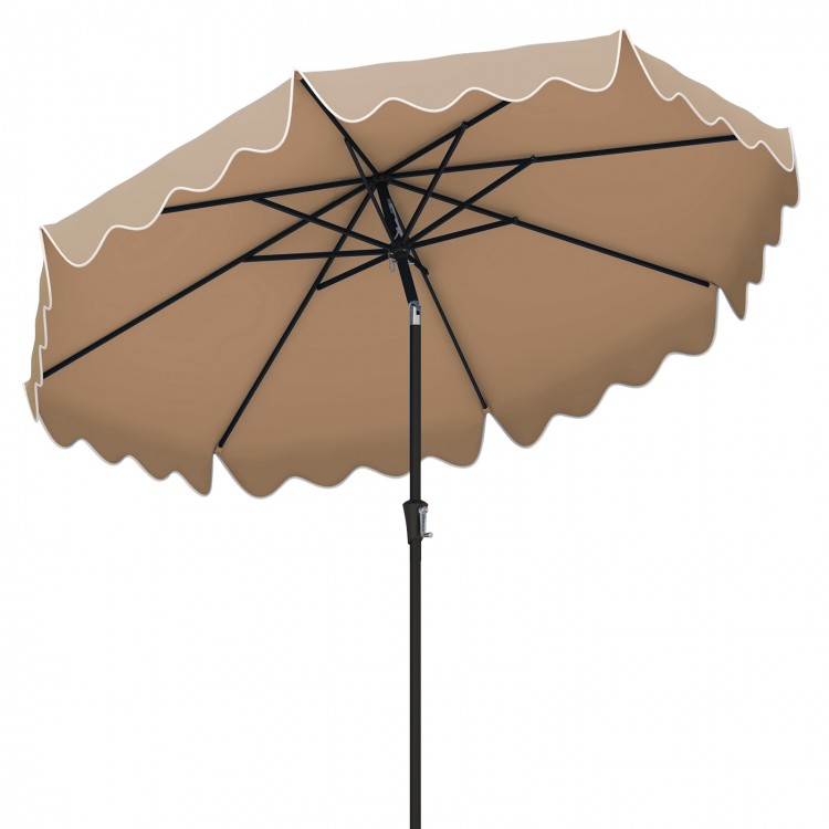9-foot brown patio umbrella with crank handle, push button tilt, and elegant ruffled edges for outdoor shade.