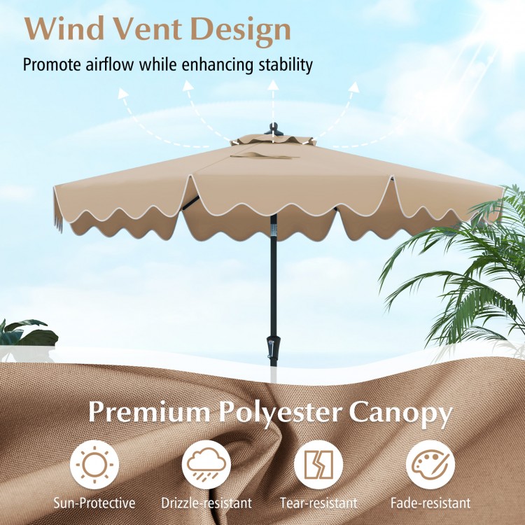 9 feet brown patio umbrella with crank handle, vented top, and ruffled edges, ideal for sun protection and stability.
