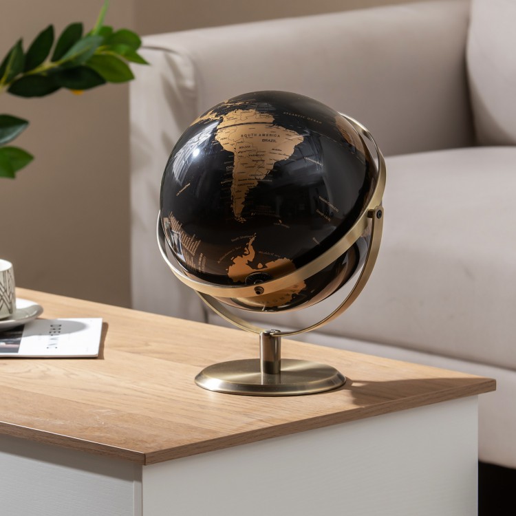 9-inch metallic black world globe with golden metal stand, featuring high-definition details and 720° rotation for.