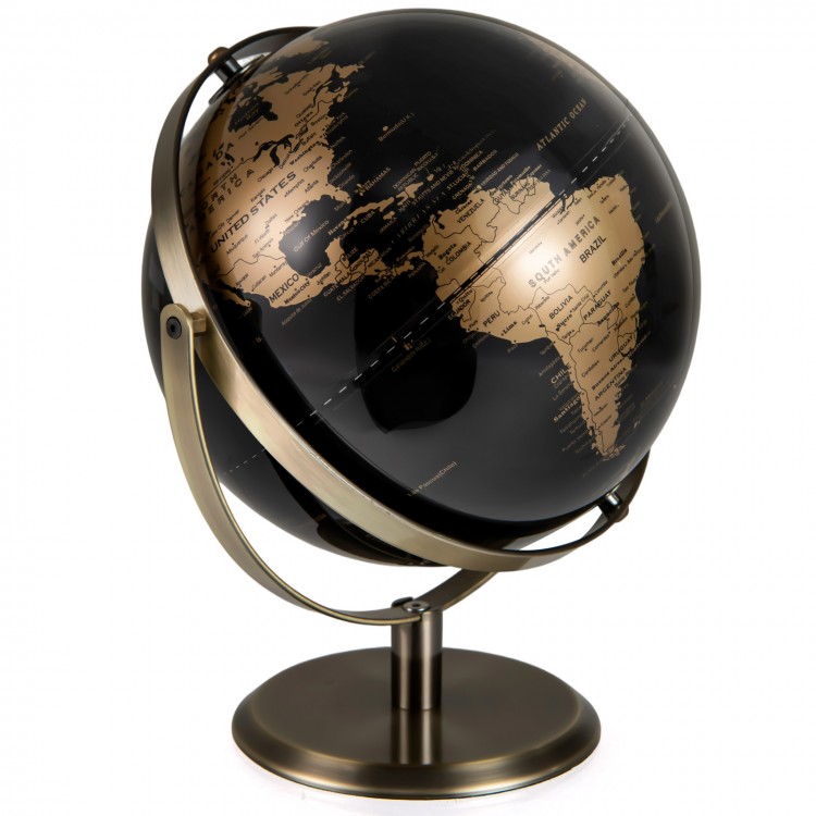 9-inch metallic black world globe with golden details, sturdy metal stand, ideal for education and home decor.