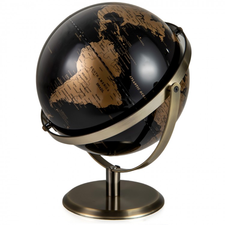 9-inch metallic black world globe with golden details, sturdy metal stand, and 720° rotation for educational decor.