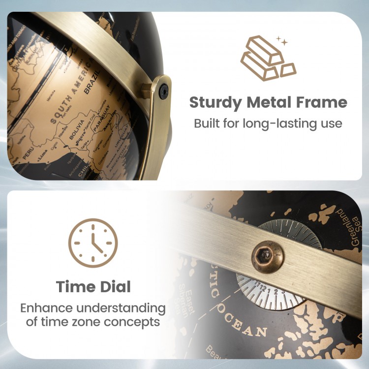 Close-up of the 9-inch metallic black world globe with a sturdy metal frame and time dial for educational use.