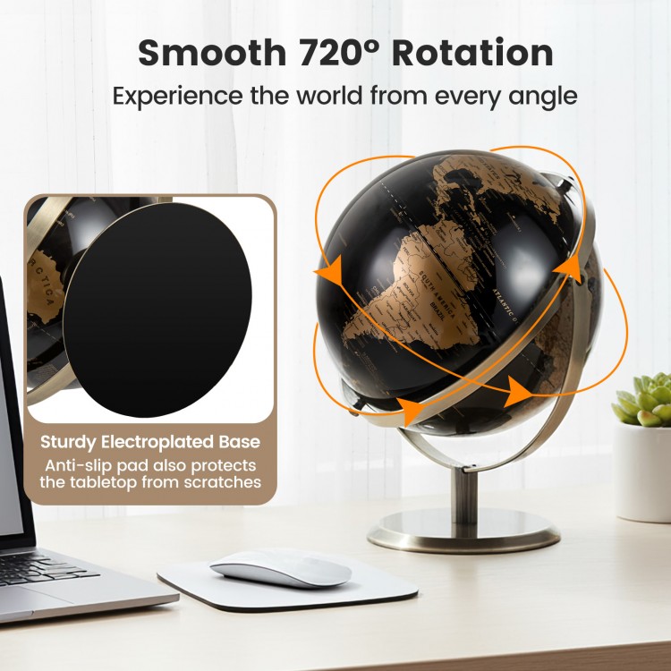9-inch metallic black world globe with a sturdy metal stand, showcasing 720° rotation for educational and decorative.