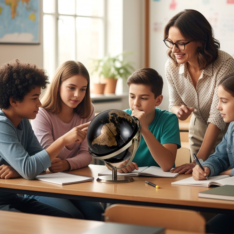 9-inch metallic black world globe with golden details, showcasing geographic features, ideal for educational use.