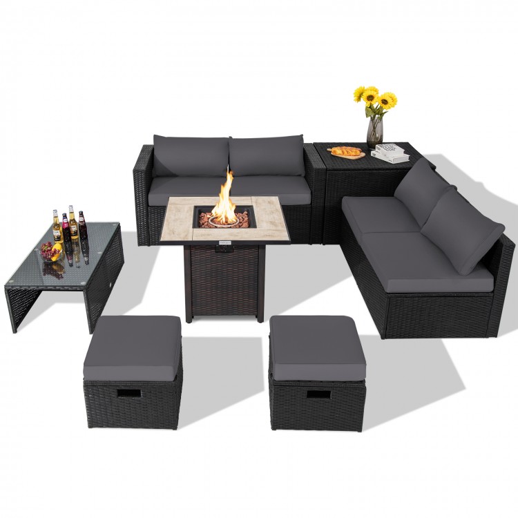 9-piece outdoor PE rattan wicker sectional sofa set with gray cushions and 42-inch gas fire pit table for cozy.