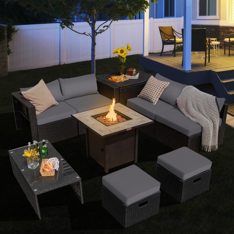 9-piece outdoor PE rattan wicker sectional sofa set with gray cushions and a 42-inch gas fire pit table for cozy.