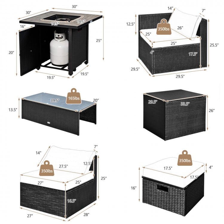 Detailed dimensions of the 9-piece outdoor PE rattan wicker sectional sofa and gas fire pit table set for easy assembly.