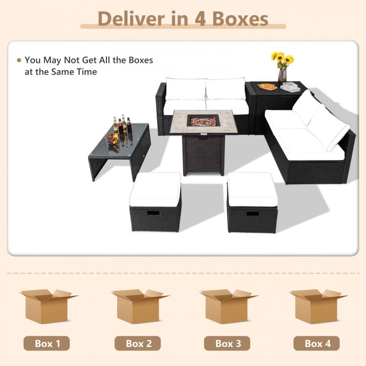 9-piece outdoor PE rattan wicker sectional sofa set with gray cushions and a fire pit table, delivered in 4 boxes.