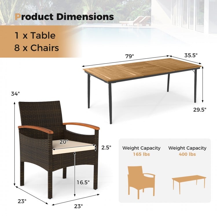 Patio PE wicker dining set with 1 table and 8 chairs, featuring acacia wood armrests and cushions for outdoor comfort.