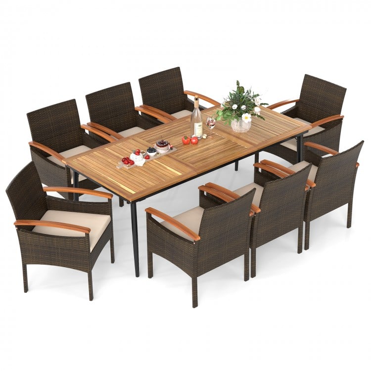 9-piece patio dining set featuring PE wicker chairs with cushions and acacia wood armrests, perfect for outdoor.