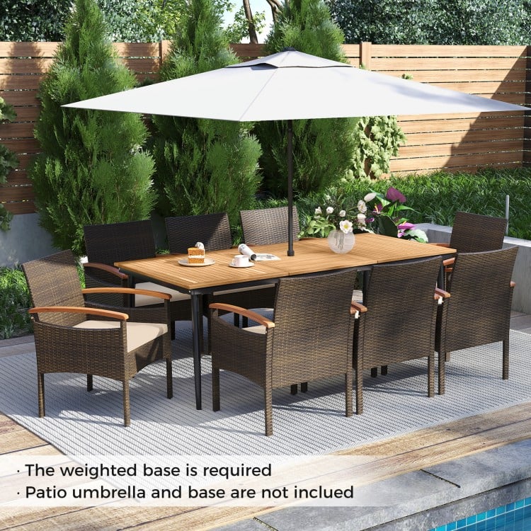 9-piece patio dining set with PE wicker, acacia wood armrests, and cushions, perfect for outdoor gatherings.