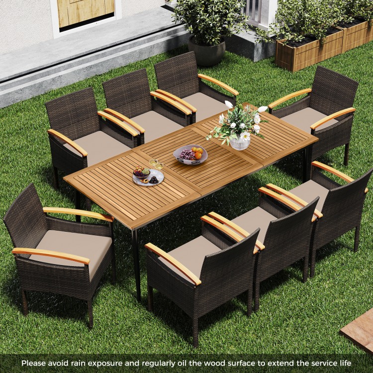 Dining table from the 9-piece patio set with natural acacia wood surface, ideal for outdoor dining and gatherings.