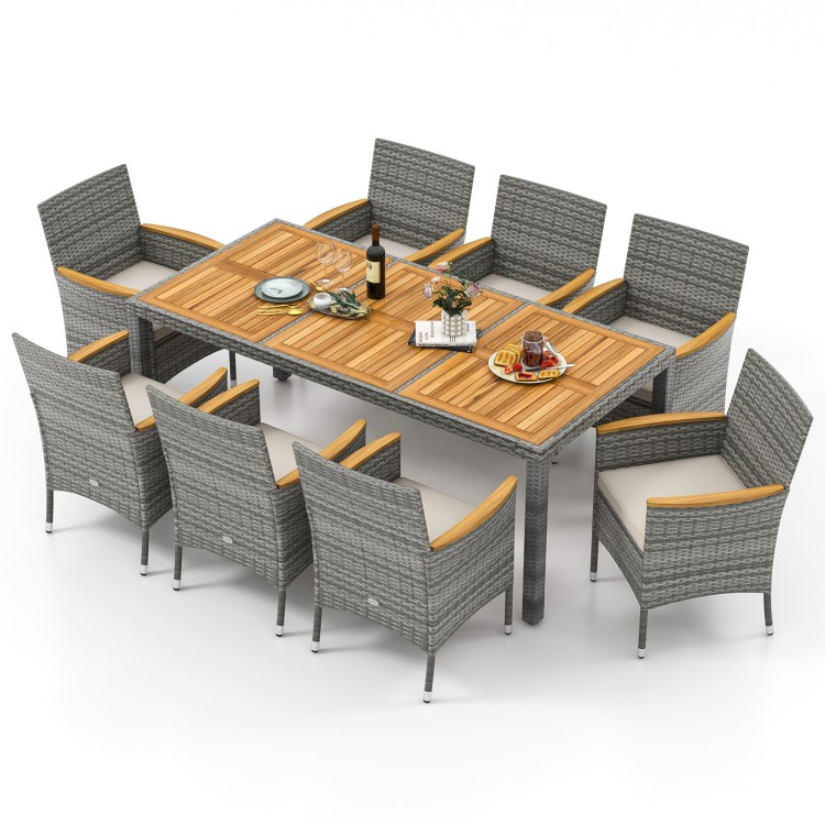 9-piece patio dining set featuring PE wicker chairs and acacia wood table, perfect for outdoor dining in garden or deck.