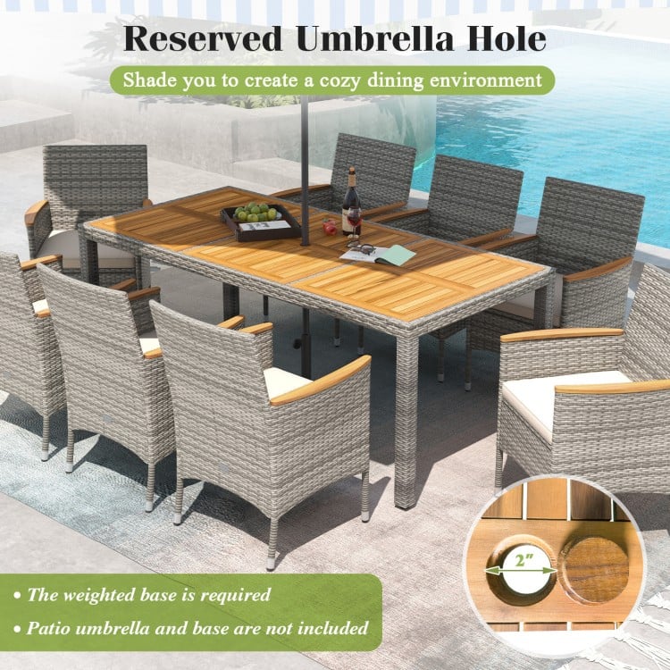 9-piece patio dining set featuring a solid acacia wood table and PE wicker chairs with a 2" umbrella hole for outdoor.