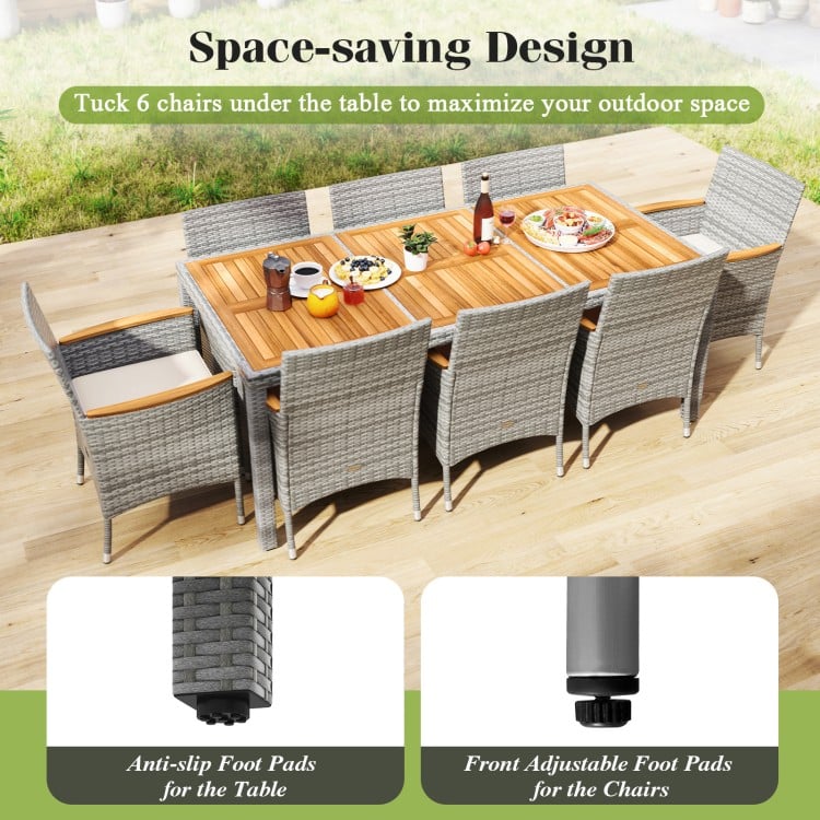 9-piece patio dining set featuring PE wicker chairs and acacia wood table, designed for space-saving outdoor use.
