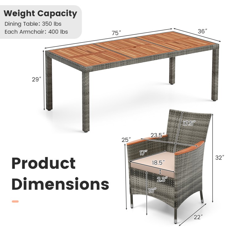Patio dining set featuring a solid acacia wood table and ergonomic PE wicker chairs for outdoor dining comfort.