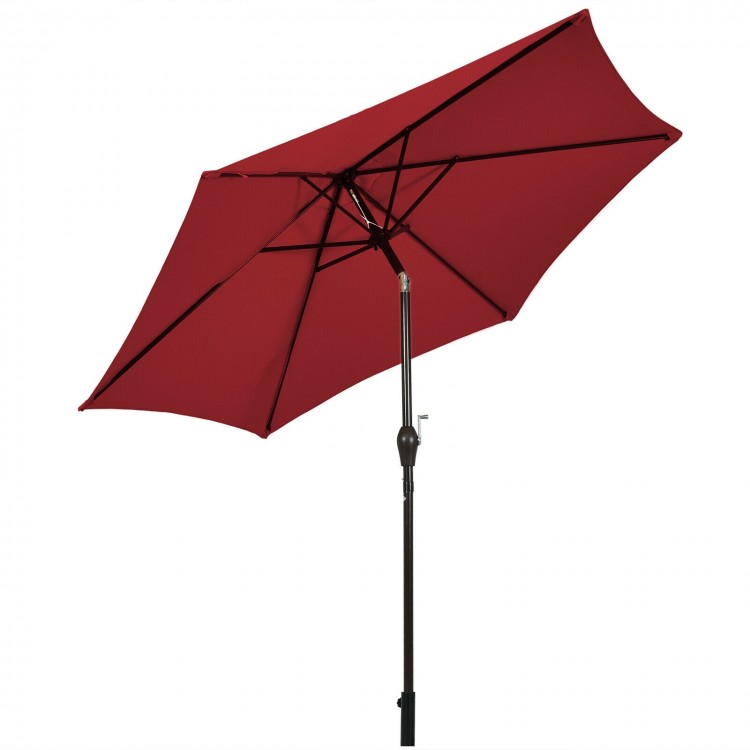 Burgundy 9ft outdoor market patio umbrella with push-button tilt and crank lift, ideal for sun protection and airflow.