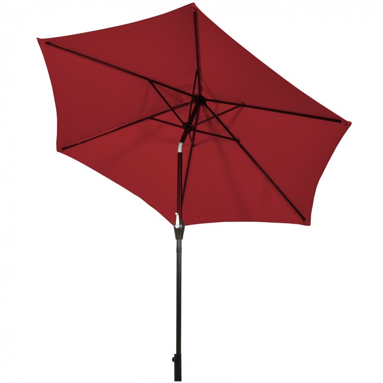 Burgundy 9 ft outdoor patio umbrella with push-button tilt and crank lift for easy sun protection and airflow.