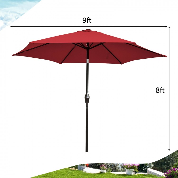 9ft burgundy outdoor patio umbrella with push-button tilt and crank lift for easy sun protection and airflow.