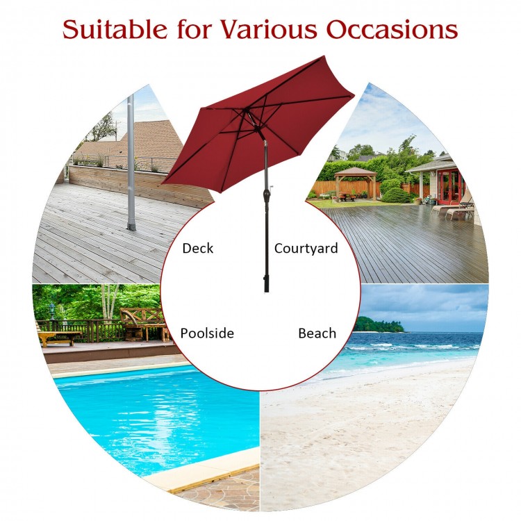 9 ft burgundy outdoor market patio umbrella with push-button tilt and crank lift, ideal for poolside and beach use.