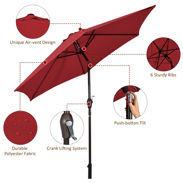 9ft burgundy outdoor patio umbrella with push-button tilt, crank lift, and air-vent design for enhanced comfort.