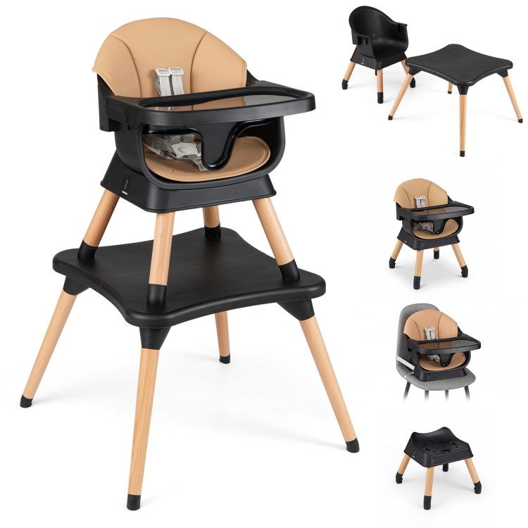 Convertible high chair in black with solid wood legs, adjustable tray, and removable cushion for babies and toddlers.