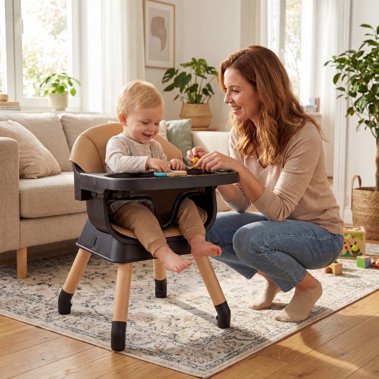 Convertible high chair with solid wood legs, featuring a removable cushion and adjustable tray for babies and toddlers.