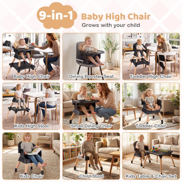 9-in-1 convertible high chair in black with solid wood legs, designed for babies and toddlers, perfect for secure.