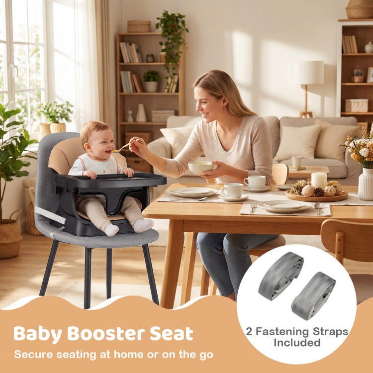 Baby booster seat with 2 fastening straps, secure for home or on-the-go use, featuring a soft, removable cushion.